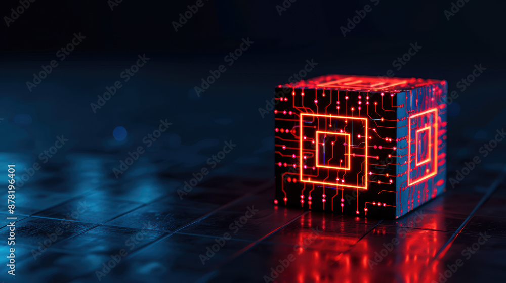 Poster A glowing digital cube with intricate red circuitry patterns on a dark reflective surface, symbolizing futuristic technology and innovation.