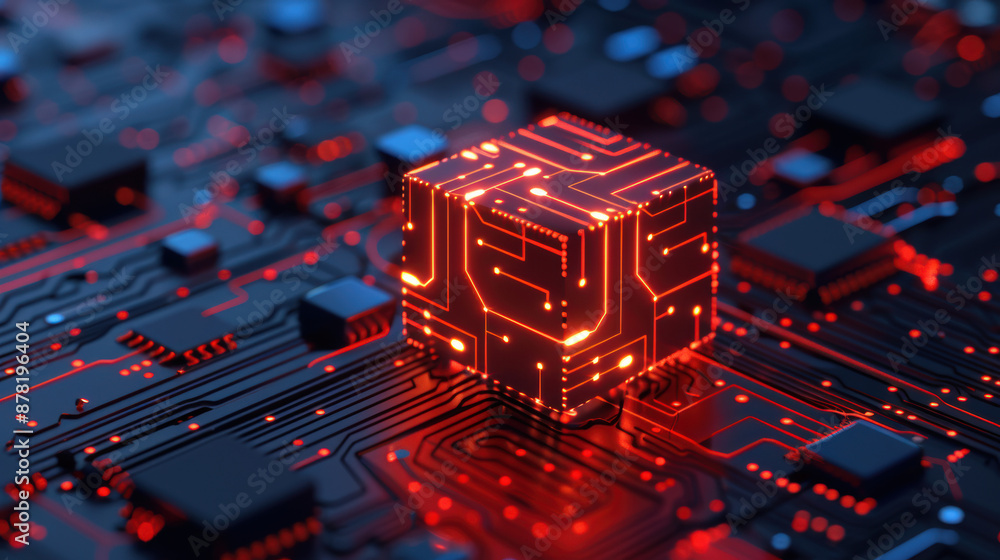 Poster futuristic glowing cube representing advanced technology on a detailed circuit board, symbolizing in