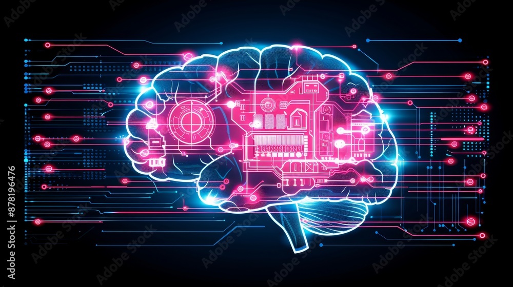 Poster a digital illustration of a brain with a circuit board pattern on a black background, symbolizing in