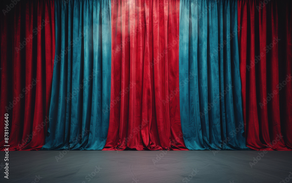 Poster dimly lit stage with red and blue curtains partially opened, ready for a performance. serene atmosph