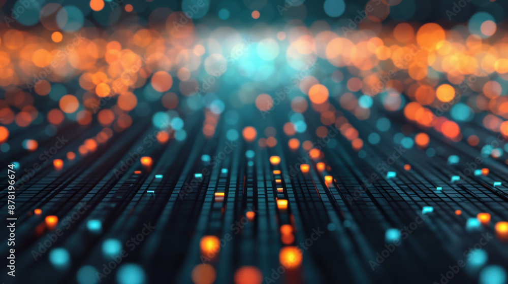 Poster abstract digital background with glowing blue and orange lights in a grid pattern, creating a futuri