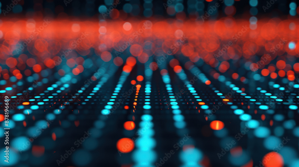 Poster abstract background featuring rows of vibrant red and blue bokeh lights creating a tech-inspired, fu