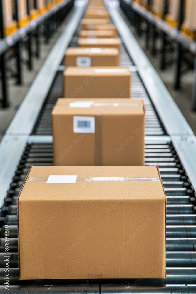 Aufkleber conveyor belt system with neatly packed cardboard boxes in a warehouse setting, suggesting an effici