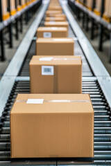 Conveyor belt system with neatly packed cardboard boxes in a warehouse setting, suggesting an efficient and organized distribution process.