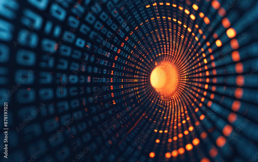 Poster futuristic digital tunnel with binary code and glowing light. concept of technology, big data, and n