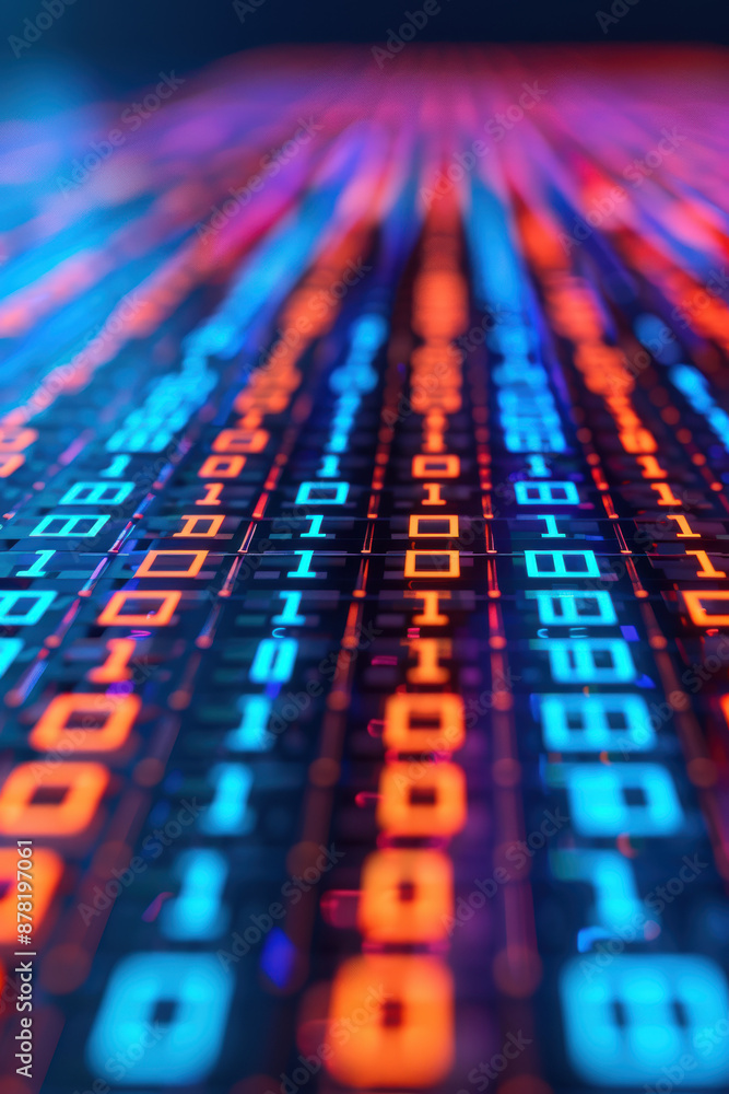 Poster abstract close-up of binary code in vibrant blue and orange colors, representing digital technology,