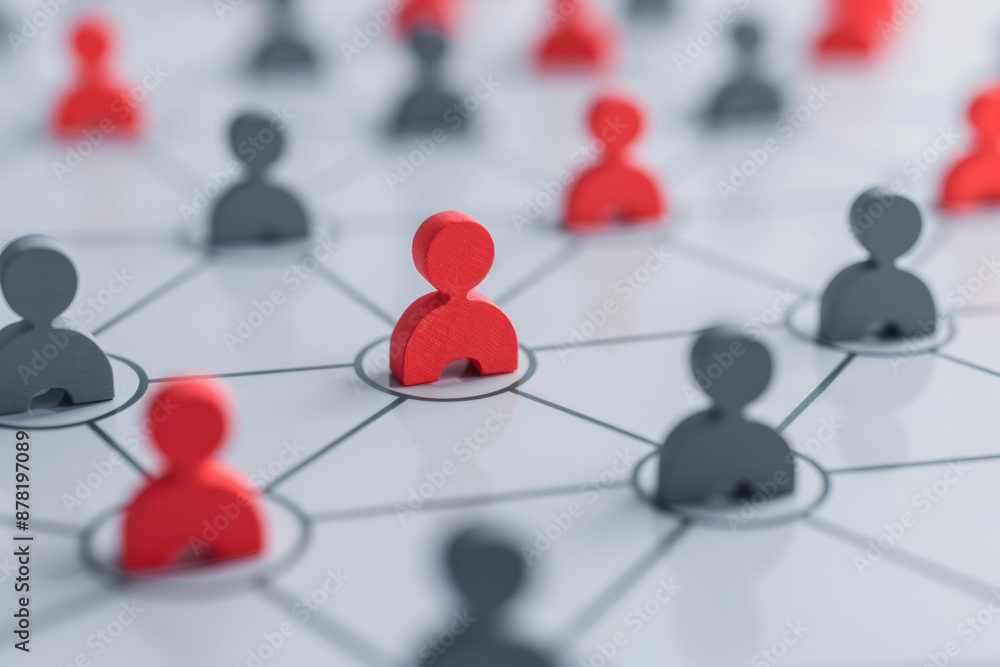 Poster red and black human figure icons connected by lines, representing a network or social connections on