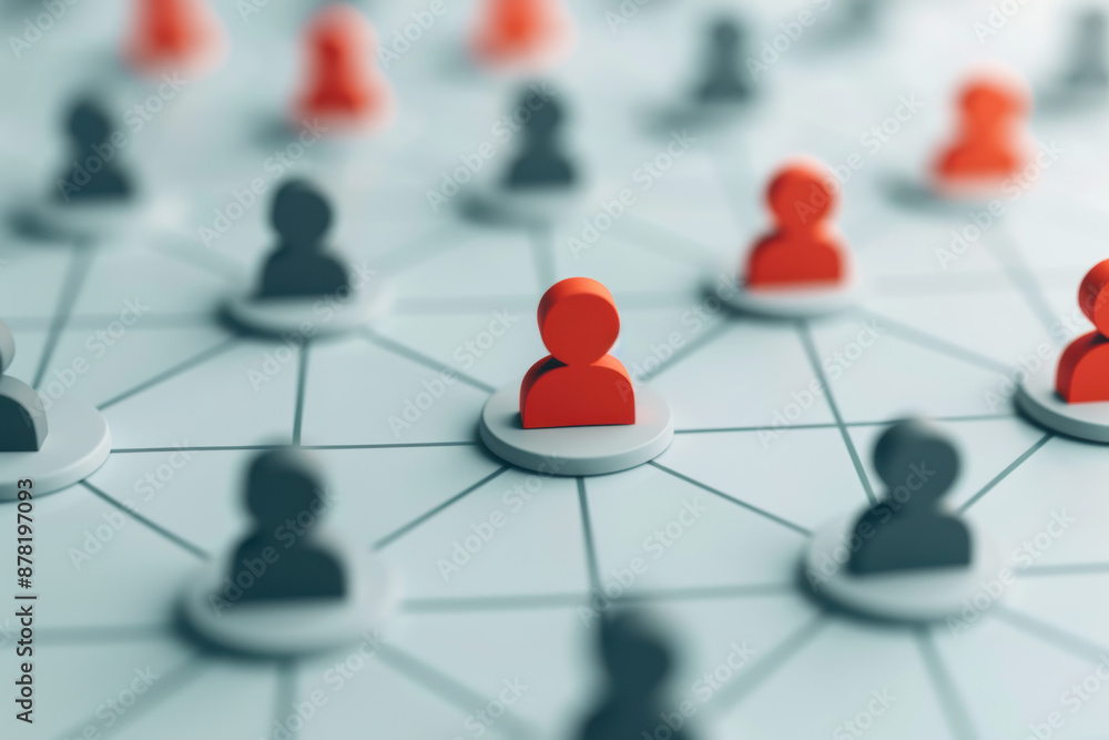 Poster conceptual image of unique red figure connected in network among grey figures. symbolizes individual