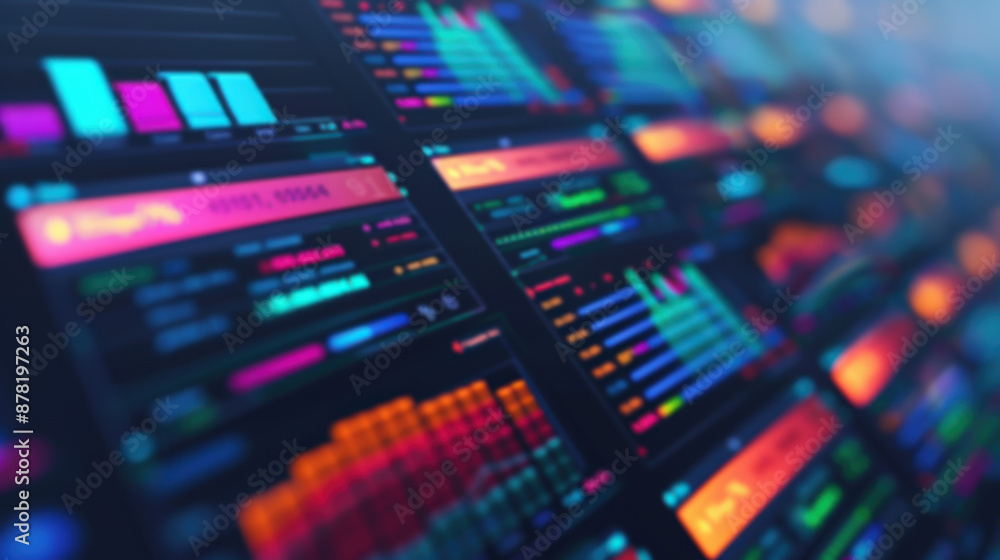 Poster colorful display of financial market data and stock charts, showcasing vibrant graphs and analytics 