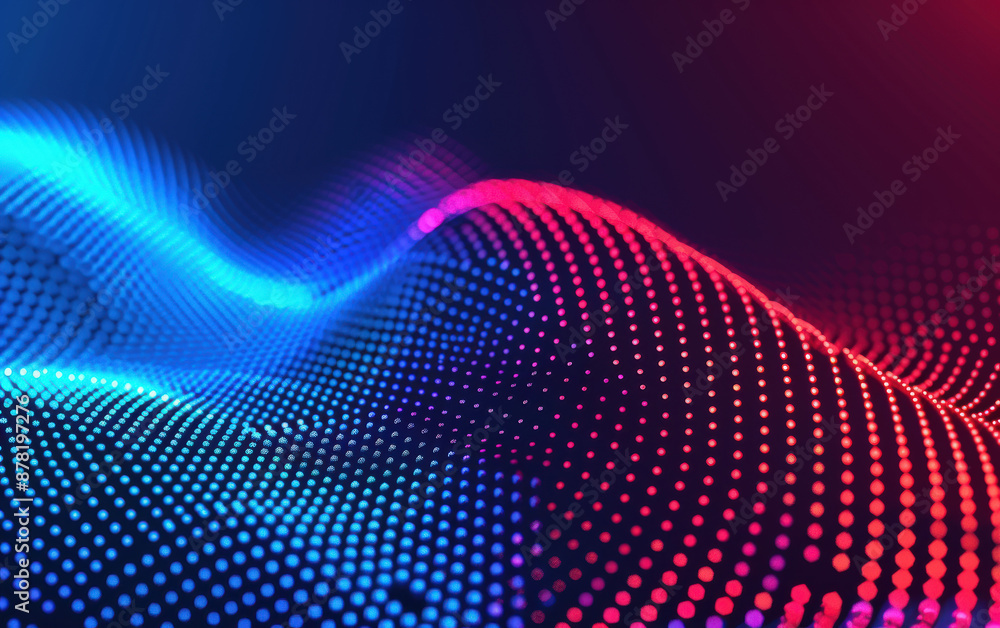 Poster colorful digital wave background with blue and red dots creating an abstract and futuristic gradient
