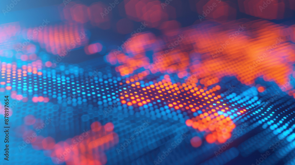Poster abstract digital world map with glowing dots in red and blue colors representing global connectivity