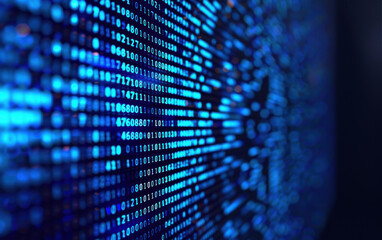 Digital binary data stream on a screen representing technology and coding in a blue theme. Ideal for tech, programming, and digital concept visuals.