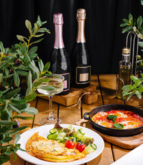 Gourmet brunch spread with champagne
