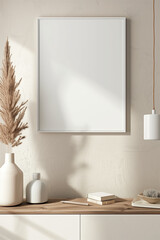 blank, square white frame for mockup, frame hanging on a wall, of a Nordic modern space, do not block frame 
