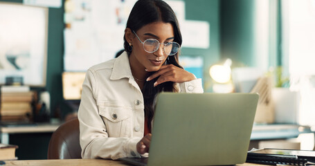 Office, smile and woman with laptop in research for project idea, information and communication. Web design, creative and person with tech in planning for digital portfolio, update and ux development