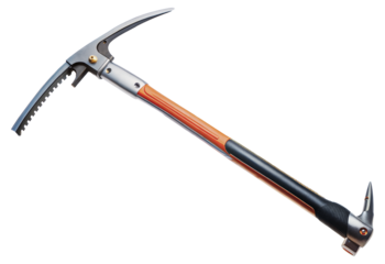 Ice climbing pickaxe with orange handle and serrated adze, cut out - stock png.