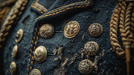 A close-up of a vintage, heavily worn, and detailed military uniform with prominent gold buttons and intricate rope ornamentation capturing the essence of historical military attire