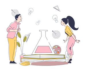 Science research concept. Man and woman near test tube with chemical substance. Science experiment in laboratory. Biology and chemistry. Linear vector illustration isolated on white background