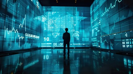 Businessman Analyzing Stock Market Data on Digital Screens