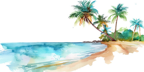 Beach watercolor illustration isolated on transparent. Sea png file for art work.