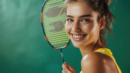 Close-up of a European woman smiling while holding a badminton racket, wearing a yellow sports outfit, standing in front of a green background, Portrait close-up, hyper-realistic, high detail,