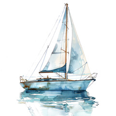 Sailboat watercolor illustration isolated on transparent. Sea png file for art work.
