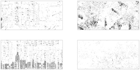 Grungy dirty distressed textures set. Vector set of grunge overlay textures.