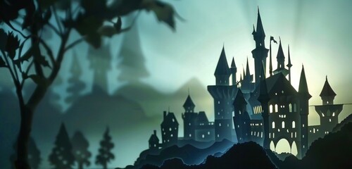 Plum paper silhouette of a fairy tale castle, evoking magic and wonder through delicate design.