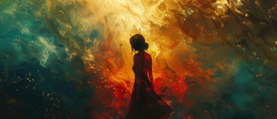 A woman is standing in a painting of a woman in a red dress