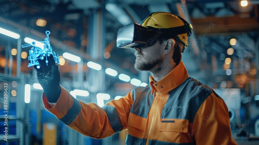Aufkleber engineer using vr headset and gloves to interact with holographic display in high-tech workshop. imm