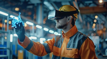 Engineer using VR headset and gloves to interact with holographic display in high-tech workshop. Immersive virtual reality and advanced technology in industrial setting.