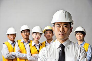 Asian Construction Foreman Leading Team Outdoors
