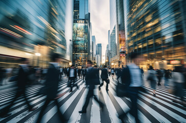People crossing an urban intersection in a bustling city with modern skyscrapers and busy traffic