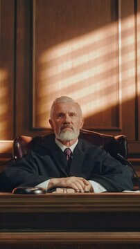 Court of Law Trial in Session: Vertical Portrait of Honorable Male Judge Reading Decision, striking Gavel. Presiding Justice Pronouncing Sentence. Not Guilty Verdict Judgment.