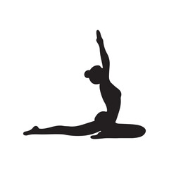 Woman sitting and practising yoga pose stretching with hands up in black isolated on white background. Hand drawn vector silhouette illustration. Salamba, catopasama asana, sport, meditation