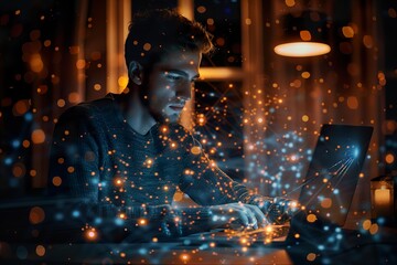 Focused Man Working on Laptop with Digital Network