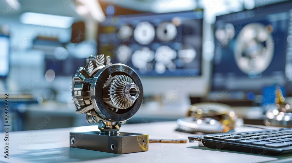 Aufkleber Close-up of mechanical gear on desk with CAD designs on computer screens. High-tech engineering workspace featuring precise mechanical components.