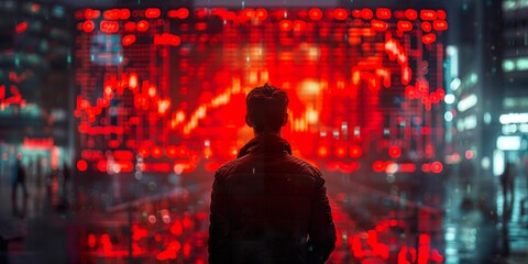 Businessman Observing Stock Market Crash on Red Display