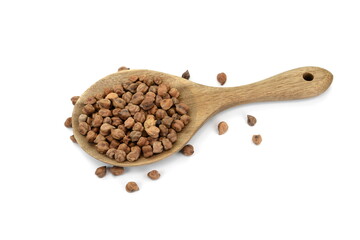 Black Chick Pea or Kala Chana in a wooden spoon isolated on White Background