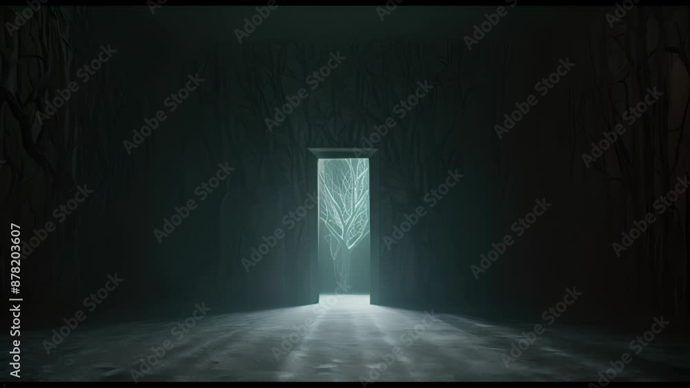 Poster a dark room with a tree in the doorway. the room is empty and the tree is the only thing visible