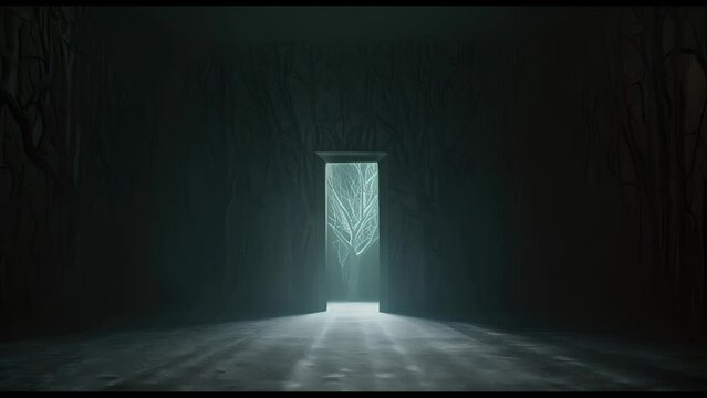 A dark room with a tree in the doorway. The room is empty and the tree is the only thing visible