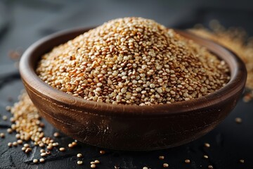 A detailed close-up of a wooden bowl filled with raw quinoa seeds, showcasing the texture and color variations of the grains in a simple, natural setting