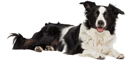  Border Collie dog, lying down and looking at the camera with a happy expression.