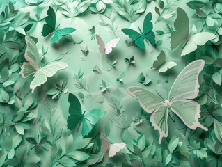 Mint green paper mosaic of a delicate butterfly garden, capturing the beauty and diversity of nature.