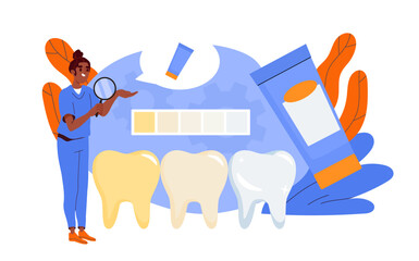 Teeth whitening concept. Woman in medical uniform with magnifying glass analyzes teeth. Cleanliness and hygiene of oral cavity. Stomatology and dentistry. Cartoon vector illustration