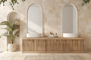 Modern bathroom interior with wooden vanity, dual sinks, and arched mirrors on beige tiled wall. Architectural photography for design