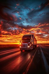 A modern semi-truck drives on a wet highway at sunset, with dramatic clouds and vibrant sky colors reflecting on the road.