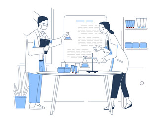 Doctors testing cosmetics. Man and woman in medical uniforms with test tubes with chemical reagents. Analyzes and experiments in laboratory. Linear vector illustration isolated on white background