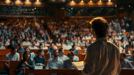 A speaker addresses a large audience in a lecture hall. The room is filled with attentive listeners, eager to learn. The speaker's silhouette is visible against the bright lights.