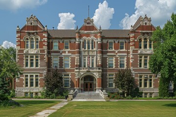 Naklejka premium A historic red-brick building with intricate architectural features and lush green surroundings under a bright blue sky with fluffy white clouds
